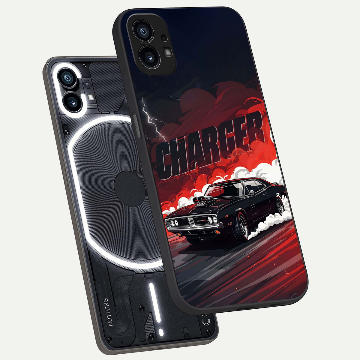  Dark Charger Fury phone case For Nothing Phone 1 showing premium glass back cover with detailed artwork