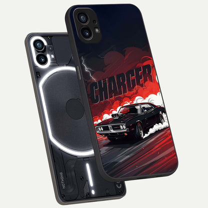  Dark Charger Fury phone case For Nothing Phone 1 showing premium glass back cover with detailed artwork