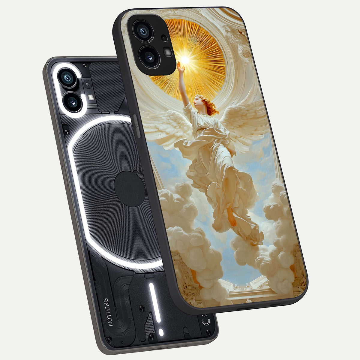  Divine Light Angel phone case For Nothing Phone 1 showing premium glass back cover with detailed artwork