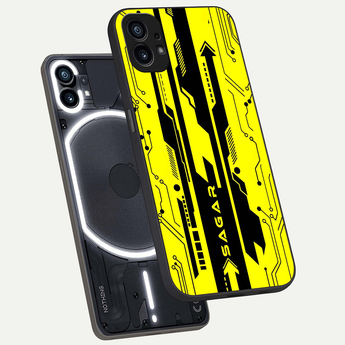  Electric Pulse CYBERPUNK Custom Name phone case For Nothing Phone 1 showing premium glass back cover with detailed artwork