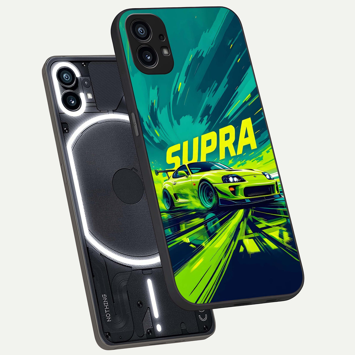  Electric Supra Thunder phone case For Nothing Phone 1 showing premium glass back cover with detailed artwork