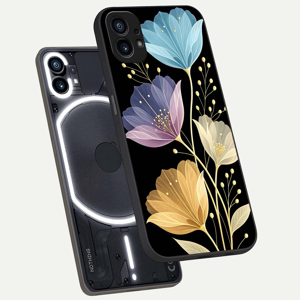  Flower Bloom Glow phone case For Nothing Phone 1 showing premium glass back cover with detailed artwork