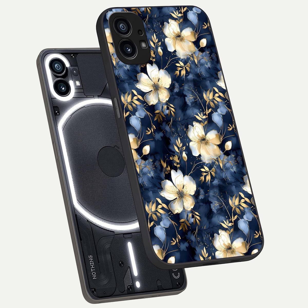  Golden Midnight Bloom phone case For Nothing Phone 1 showing premium glass back cover with detailed artwork