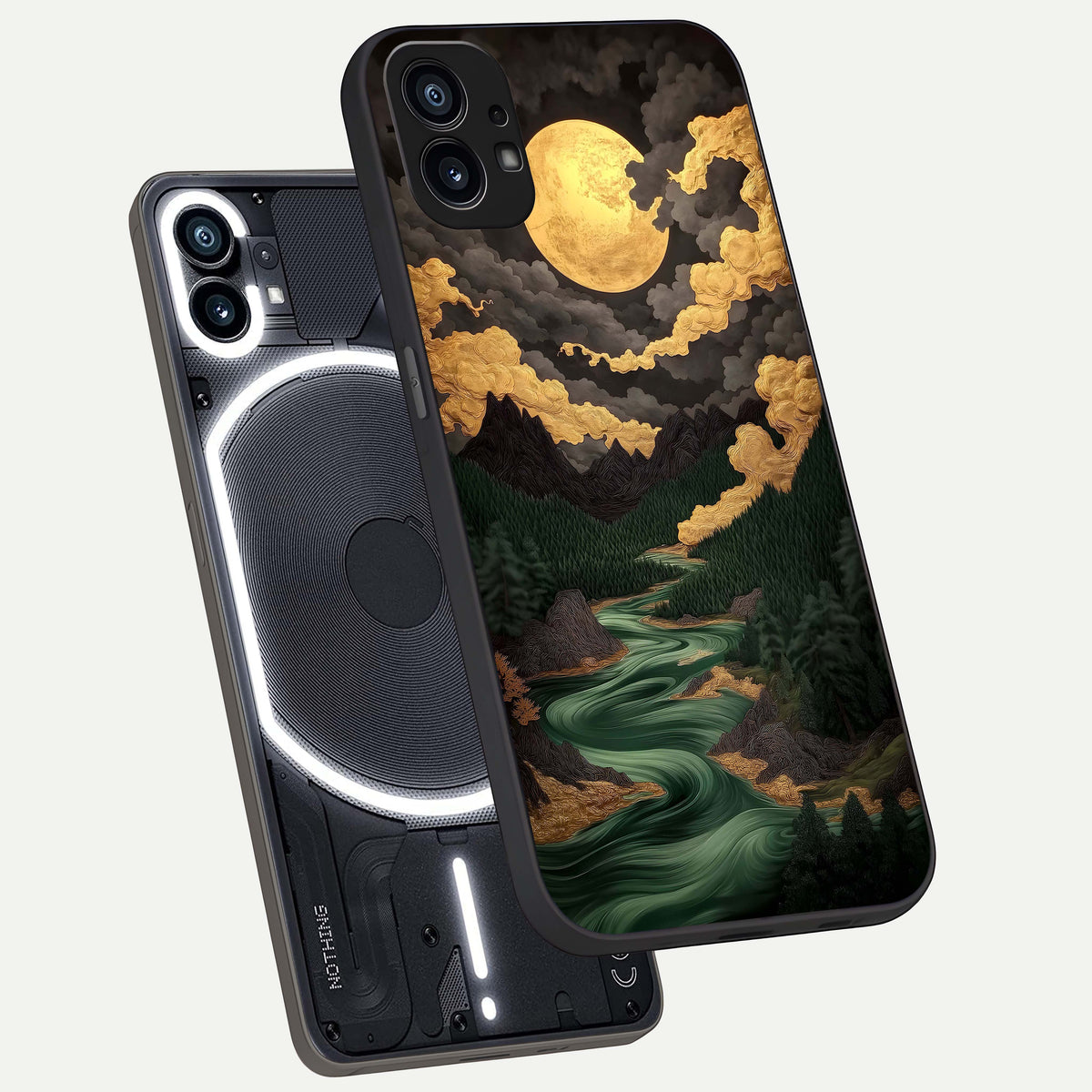  Golden River Moon phone case For Nothing Phone 1 showing premium glass back cover with detailed artwork