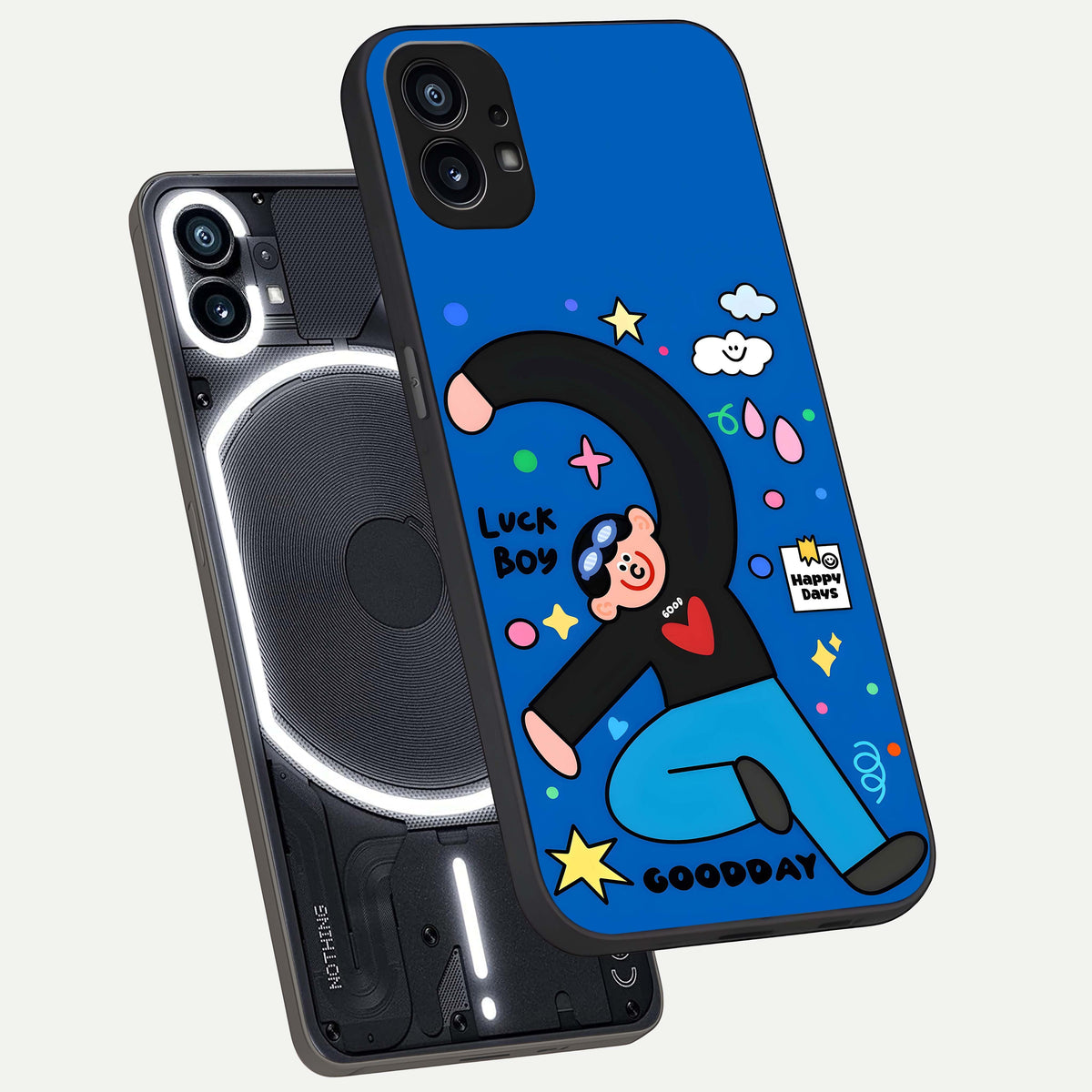  Happy Luck Vibe phone case For Nothing Phone 1 showing premium glass back cover with detailed artwork