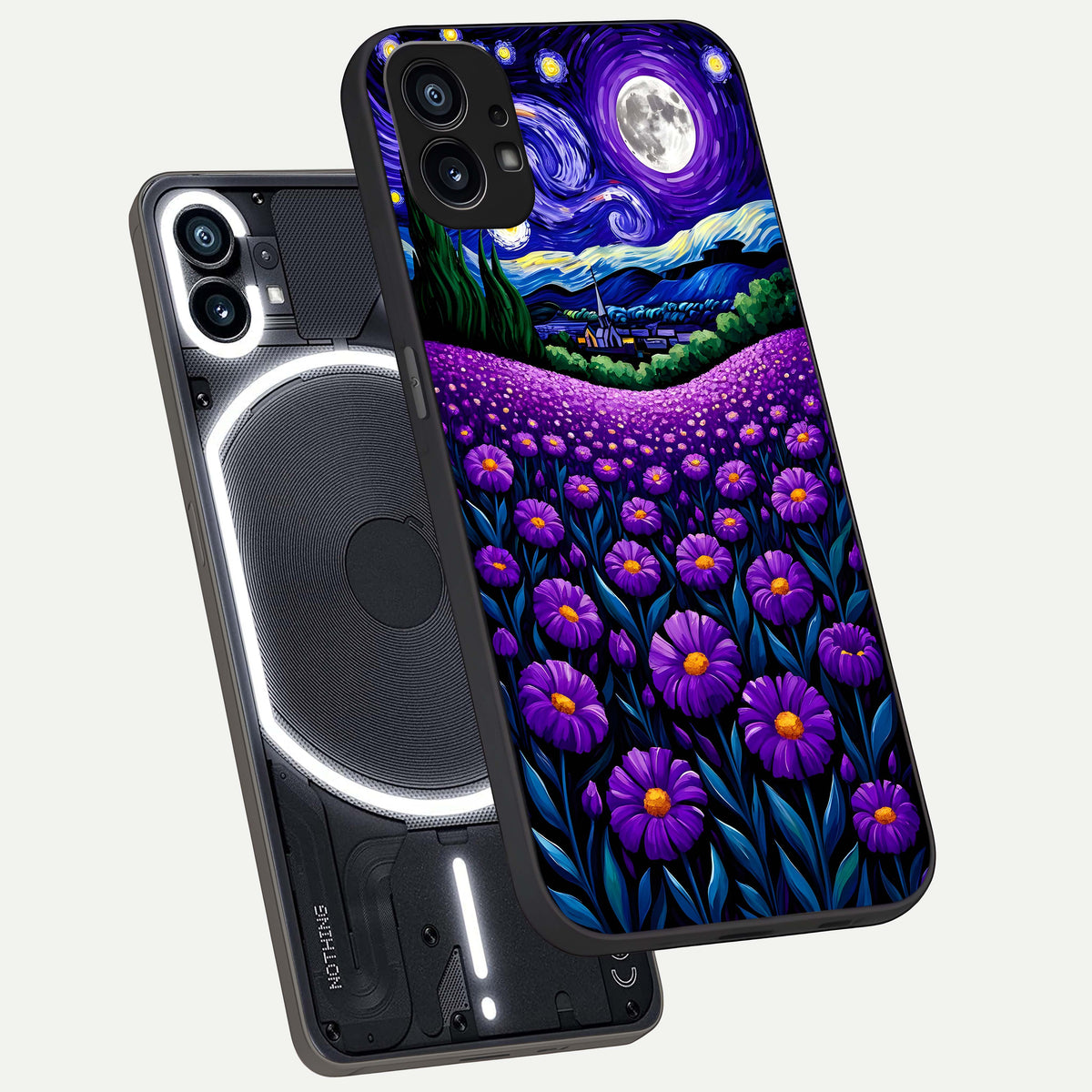  Lavender Moon Field phone case For Nothing Phone 1 showing premium glass back cover with detailed artwork