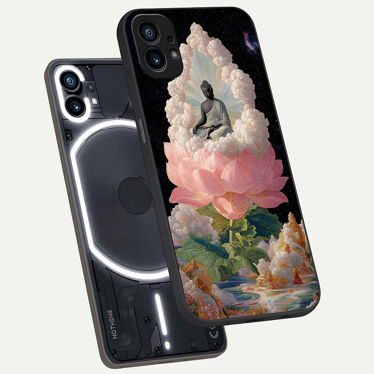  Lotus Divine Peace phone case For Nothing Phone 1 showing premium glass back cover with detailed artwork