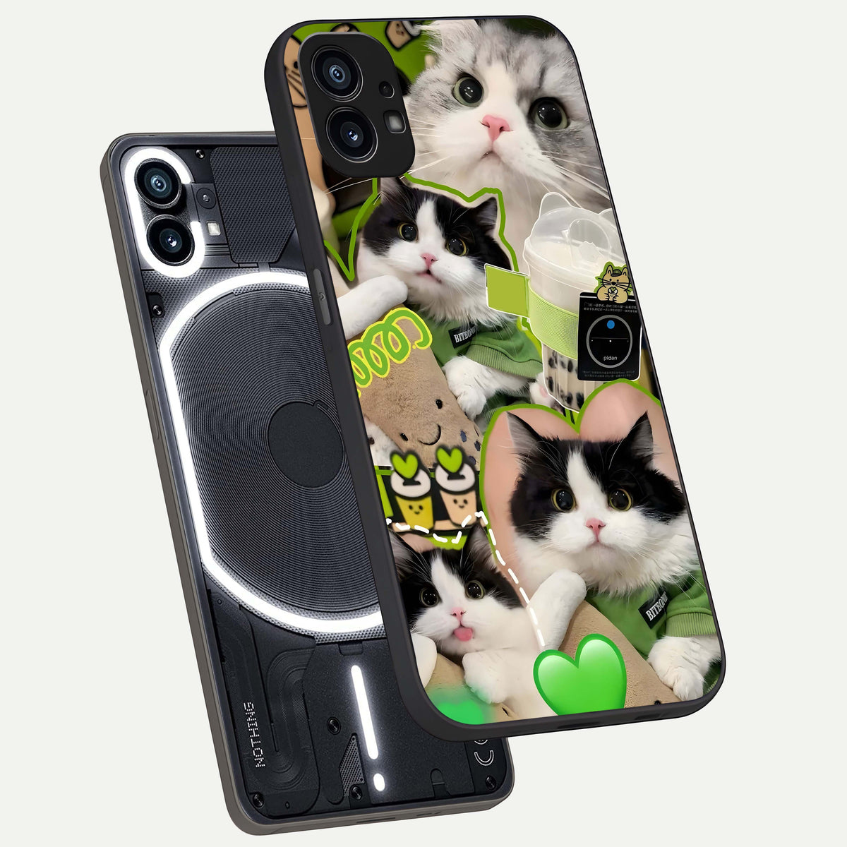  Matcha Cats Mood phone case For Nothing Phone 1 showing premium glass back cover with detailed artwork
