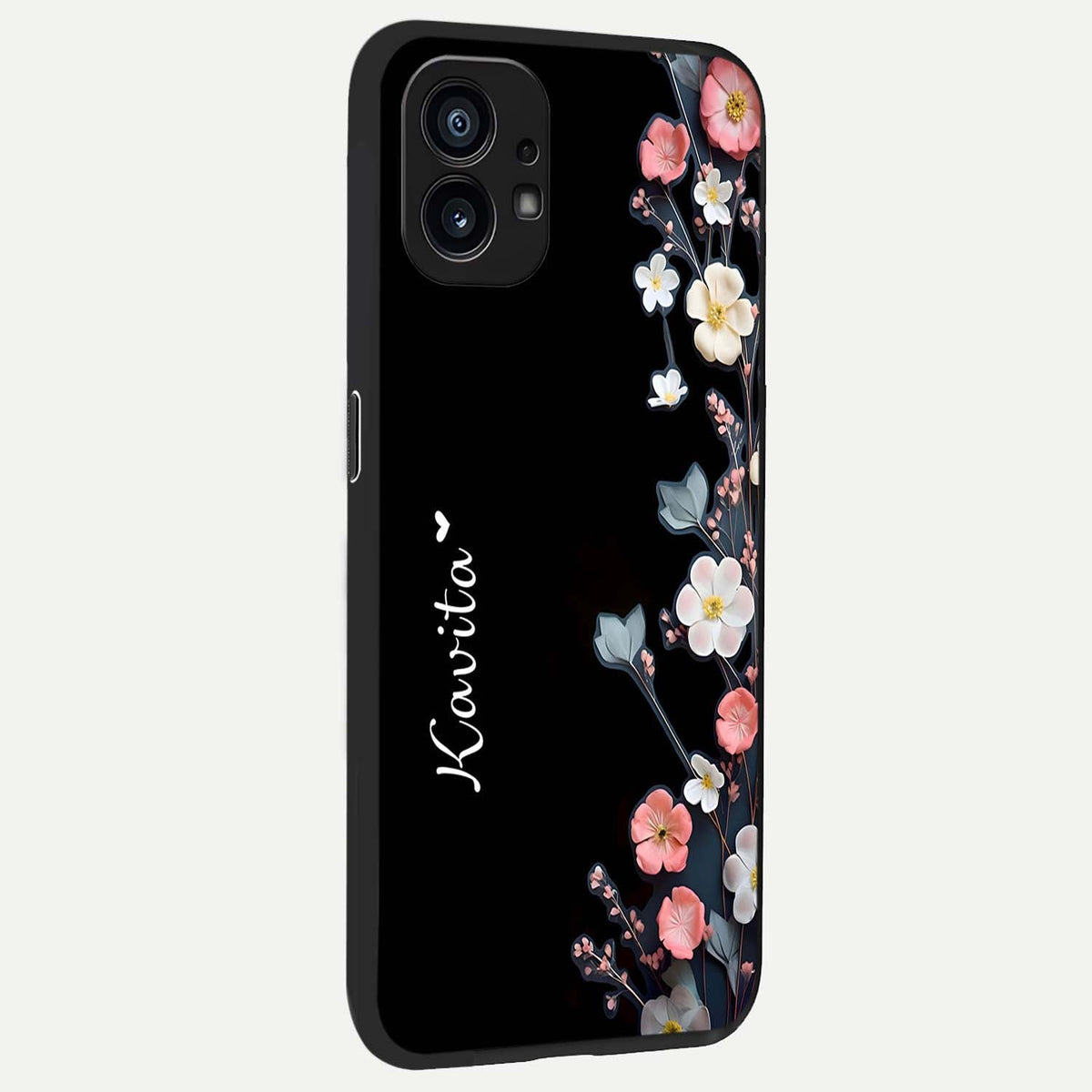  Black Elegance Floral Custom Name back cover For Nothing Phone 1 slim fit glass case with vibrant aesthetic design