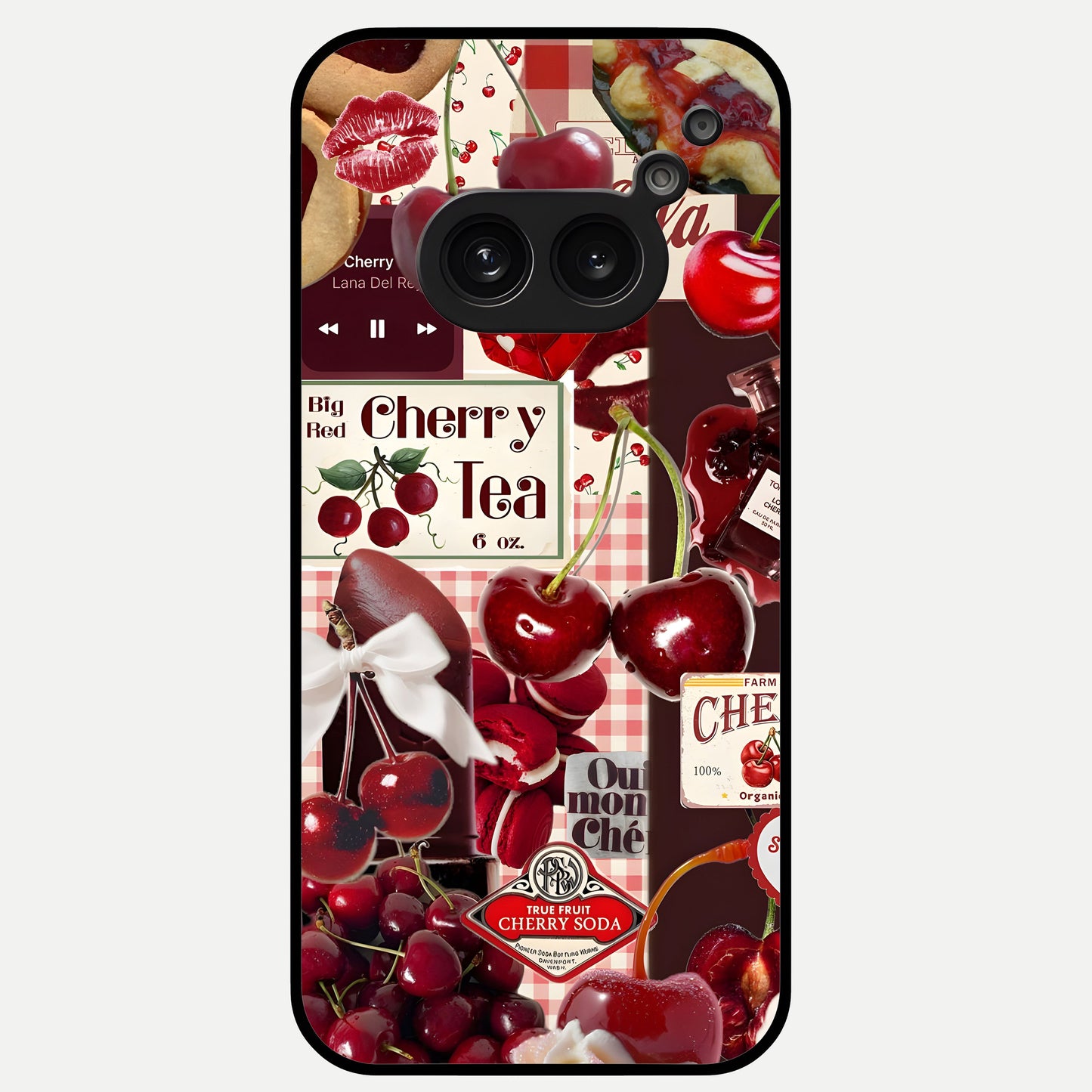 Aesthetic Cherry Tea Glass Case showing full back design in clean flat view with cherry collage details and glossy glass finish.