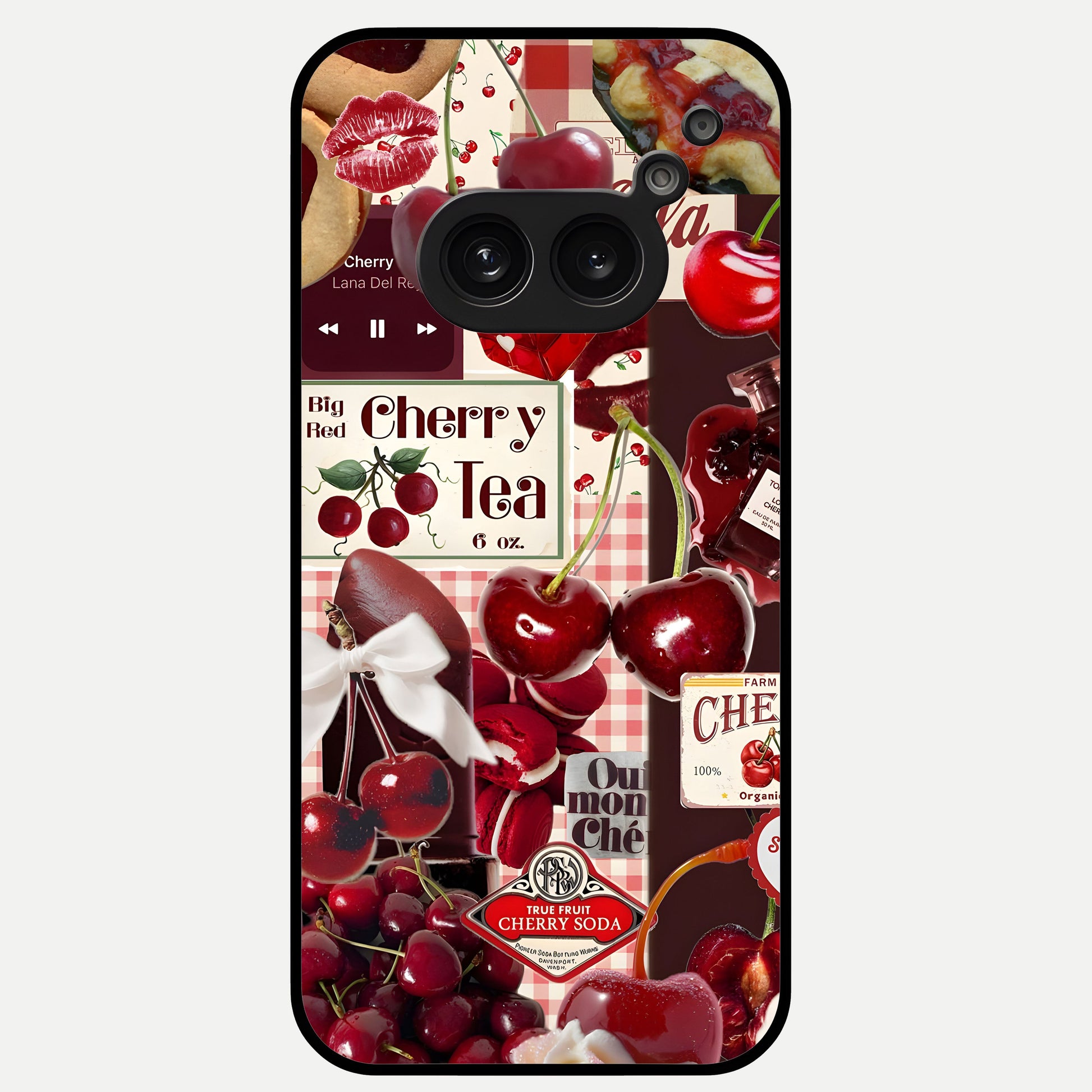 Aesthetic Cherry Tea Glass Case showing full back design in clean flat view with cherry collage details and glossy glass finish.