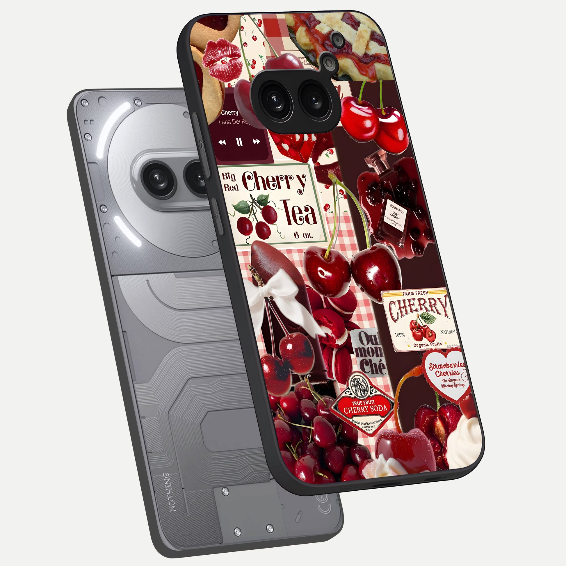 Aesthetic Cherry Tea Glass Case captured at a warm angle highlighting rich red tones, gloss, and edge clarity.