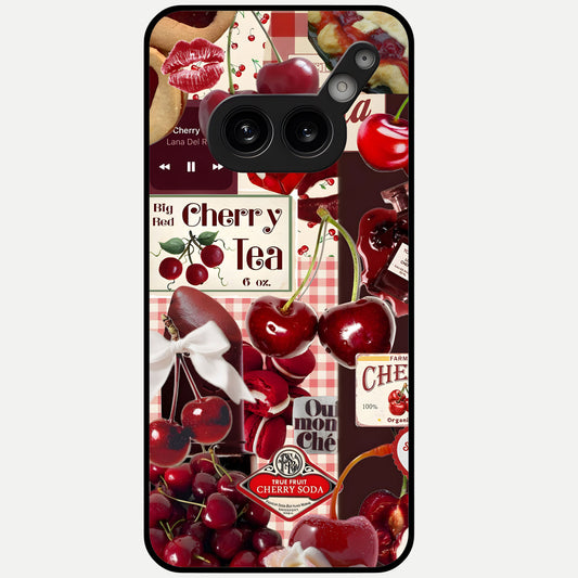 Aesthetic Cherry Tea Glass Case showing full back design in clean flat view with cherry collage details and glossy glass finish.