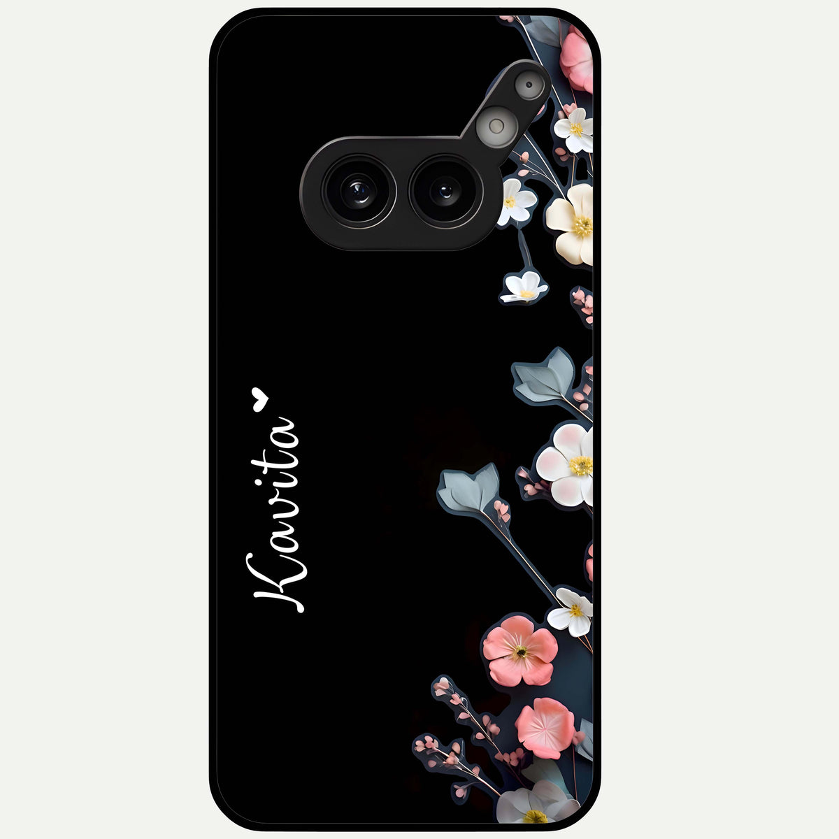  Black Elegance Floral Custom Name Glass Case For Nothing Phone 2A Plus back cover – full design glossy printed glass finish