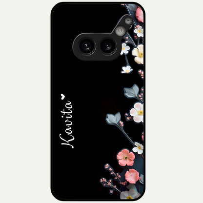 Black Elegance Floral Custom Name Glass Case For Nothing Phone 2A Plus back cover – full design glossy printed glass finish