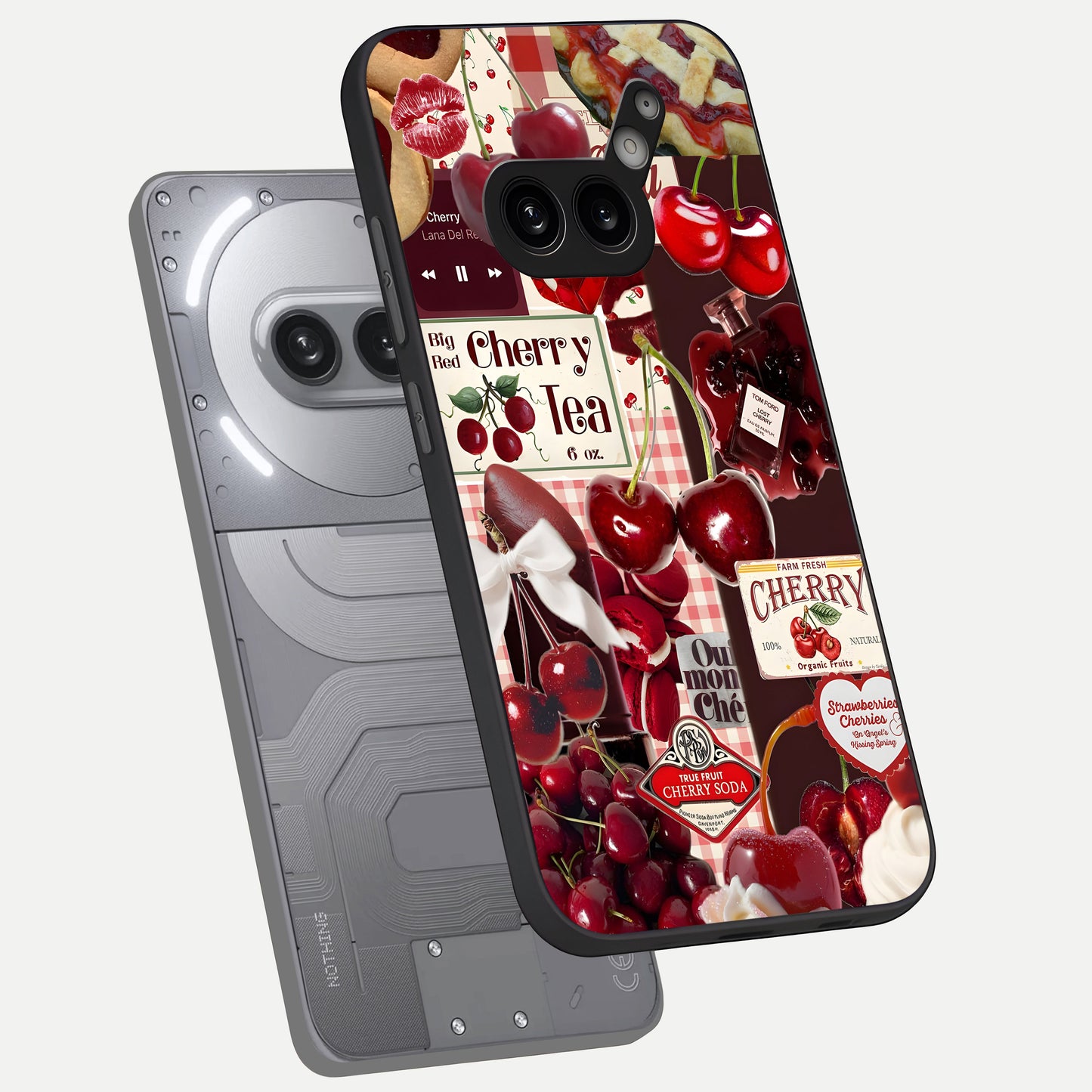 Aesthetic Cherry Tea Glass Case captured at a warm angle highlighting rich red tones, gloss, and edge clarity.