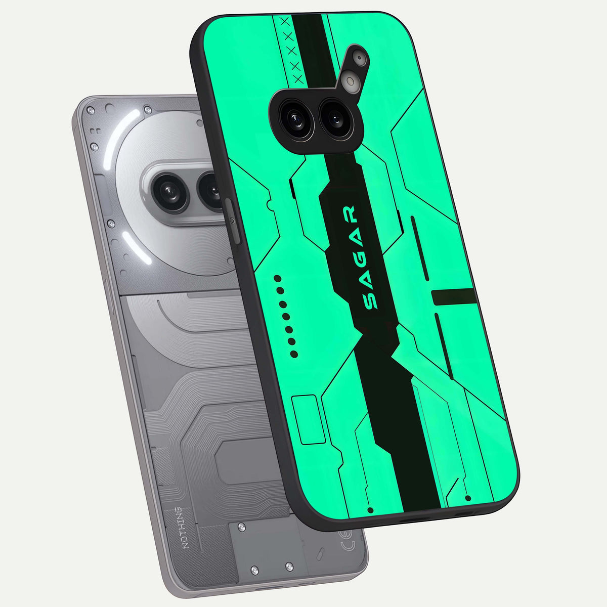  Aqua Tech CYBERPUNK Custom Name phone case For Nothing Phone 2A Plus showing premium glass back cover with detailed artwork