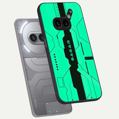  Aqua Tech CYBERPUNK Custom Name phone case For Nothing Phone 2A Plus showing premium glass back cover with detailed artwork