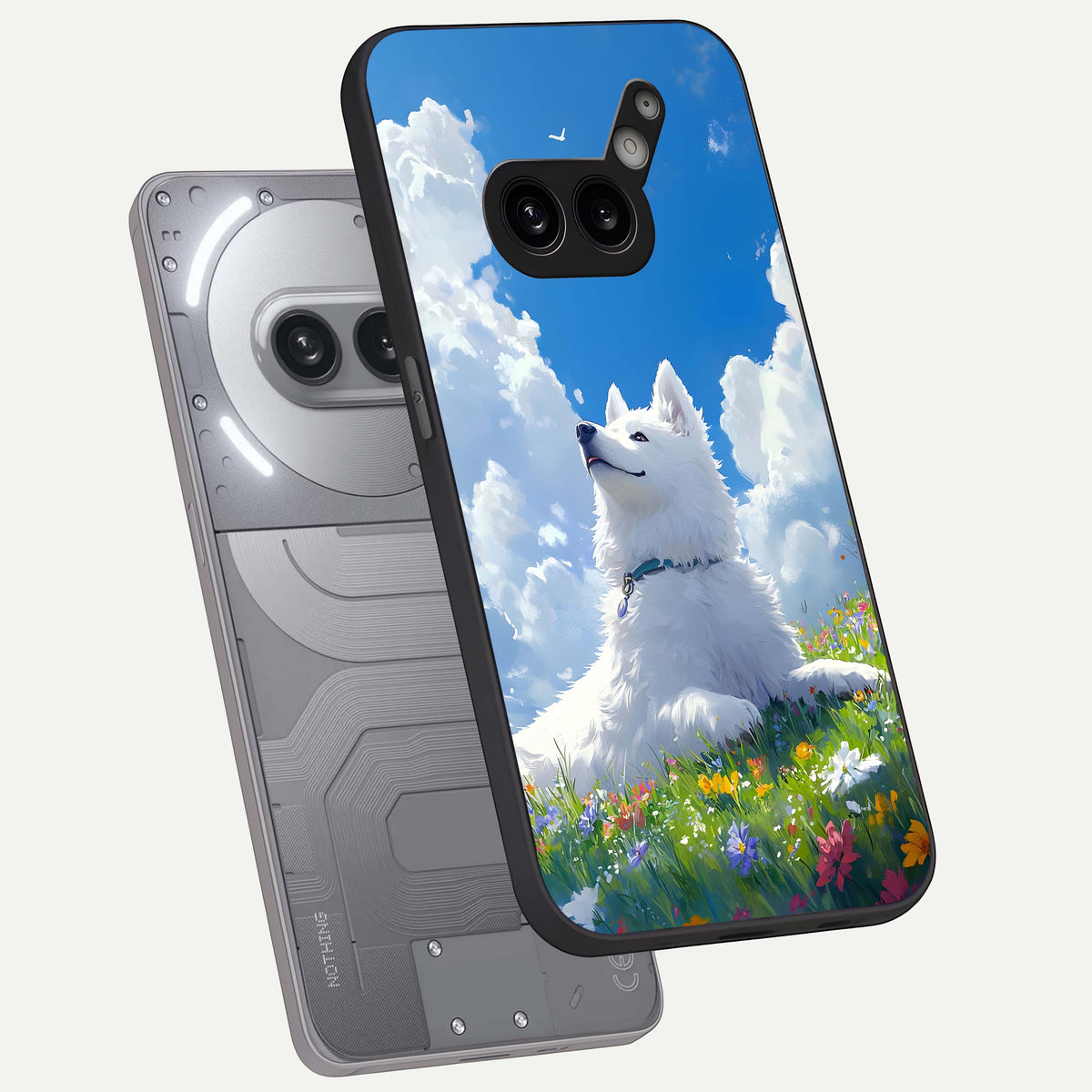  Blissful Cloud Pup phone case For Nothing Phone 2A Plus showing premium glass back cover with detailed artwork