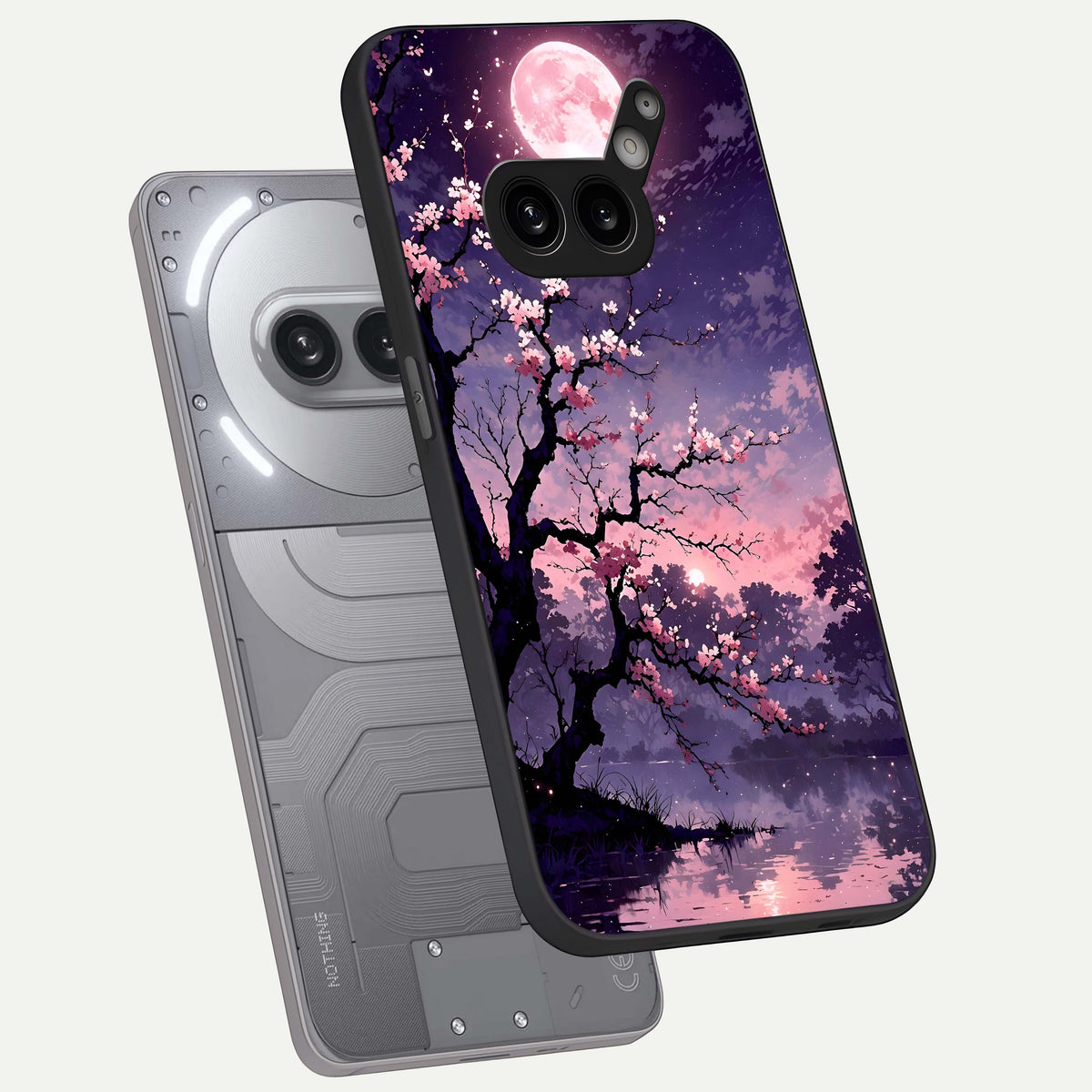  Blossom Pink Moon phone case For Nothing Phone 2A Plus showing premium glass back cover with detailed artwork