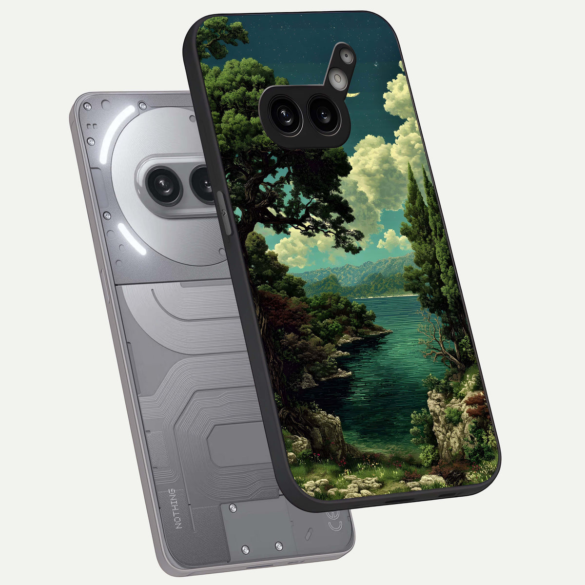  Celestial Lake Peace phone case For Nothing Phone 2A Plus showing premium glass back cover with detailed artwork