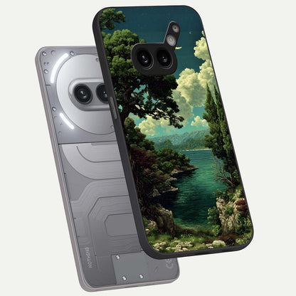  Celestial Lake Peace phone case For Nothing Phone 2A Plus showing premium glass back cover with detailed artwork