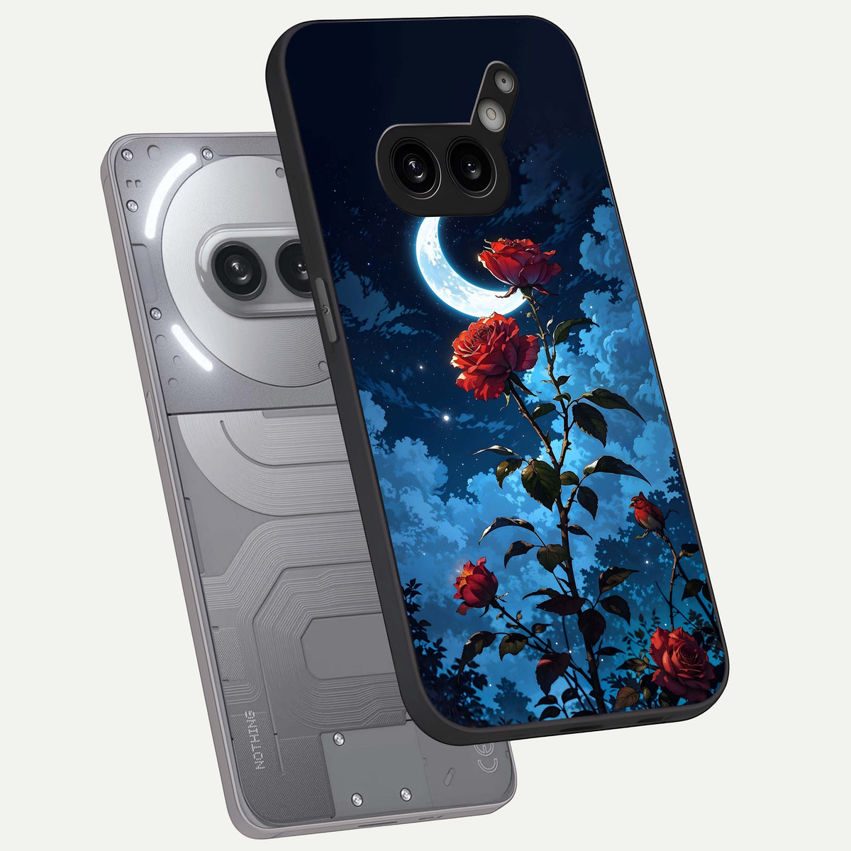  Crimson Rose Moon phone case For Nothing Phone 2A Plus showing premium glass back cover with detailed artwork