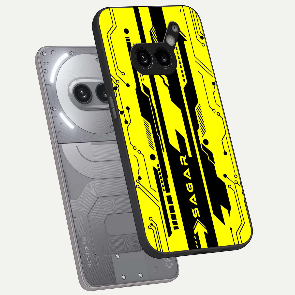  Electric Pulse CYBERPUNK Custom Name phone case For Nothing Phone 2A Plus showing premium glass back cover with detailed artwork