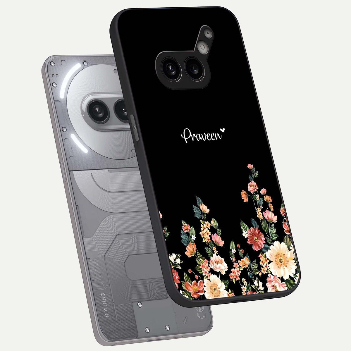  Floral Design Personalized Custom Name phone case For Nothing Phone 2A Plus showing premium glass back cover with detailed artwork
