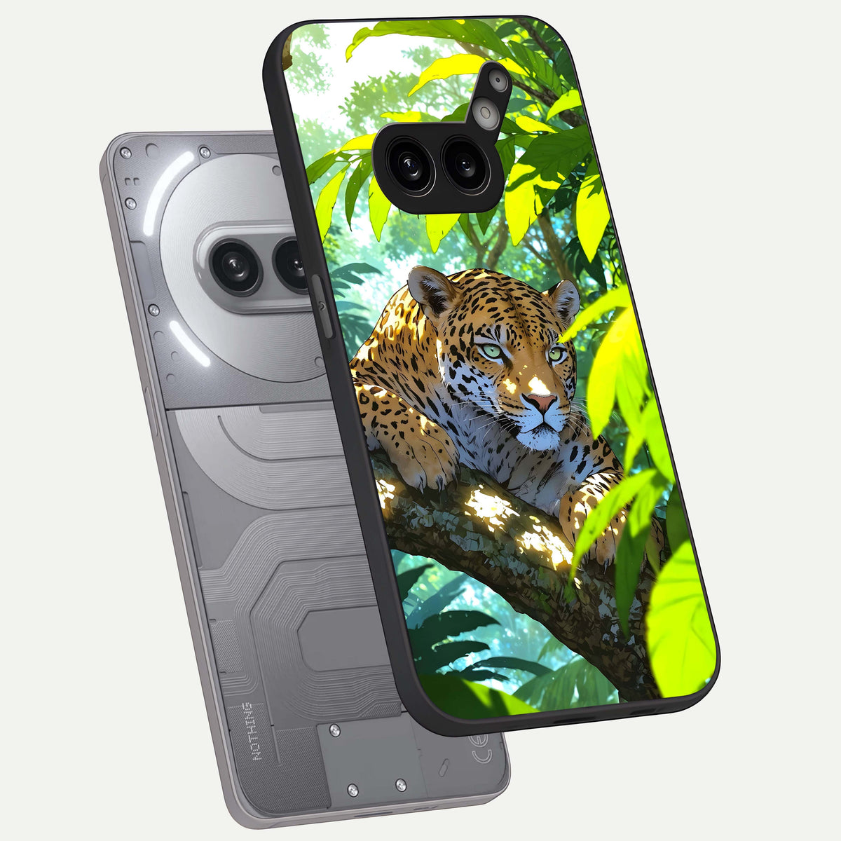  Leopard in Jungle phone case For Nothing Phone 2A Plus showing premium glass back cover with detailed artwork