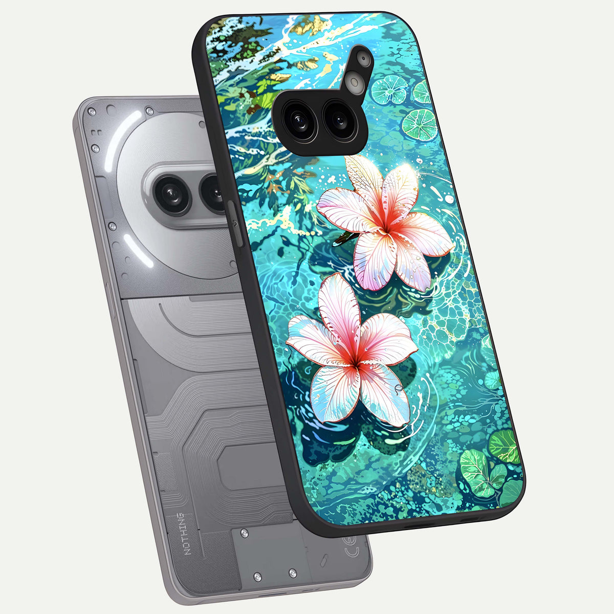  Pink Flowers in Water phone case For Nothing Phone 2A Plus showing premium glass back cover with detailed artwork