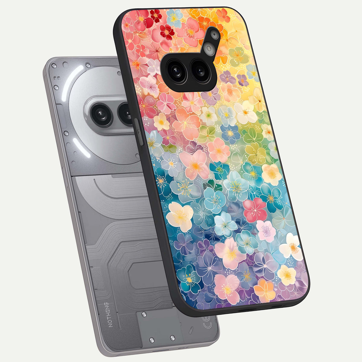  Rainbow Blossom Burst phone case For Nothing Phone 2A Plus showing premium glass back cover with detailed artwork