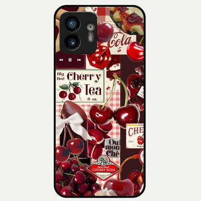Aesthetic Cherry Tea Glass Case showing full back design in clean flat view with cherry collage details and glossy glass finish.