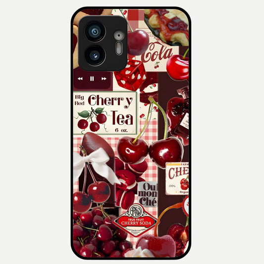 Aesthetic Cherry Tea Glass Case showing full back design in clean flat view with cherry collage details and glossy glass finish.