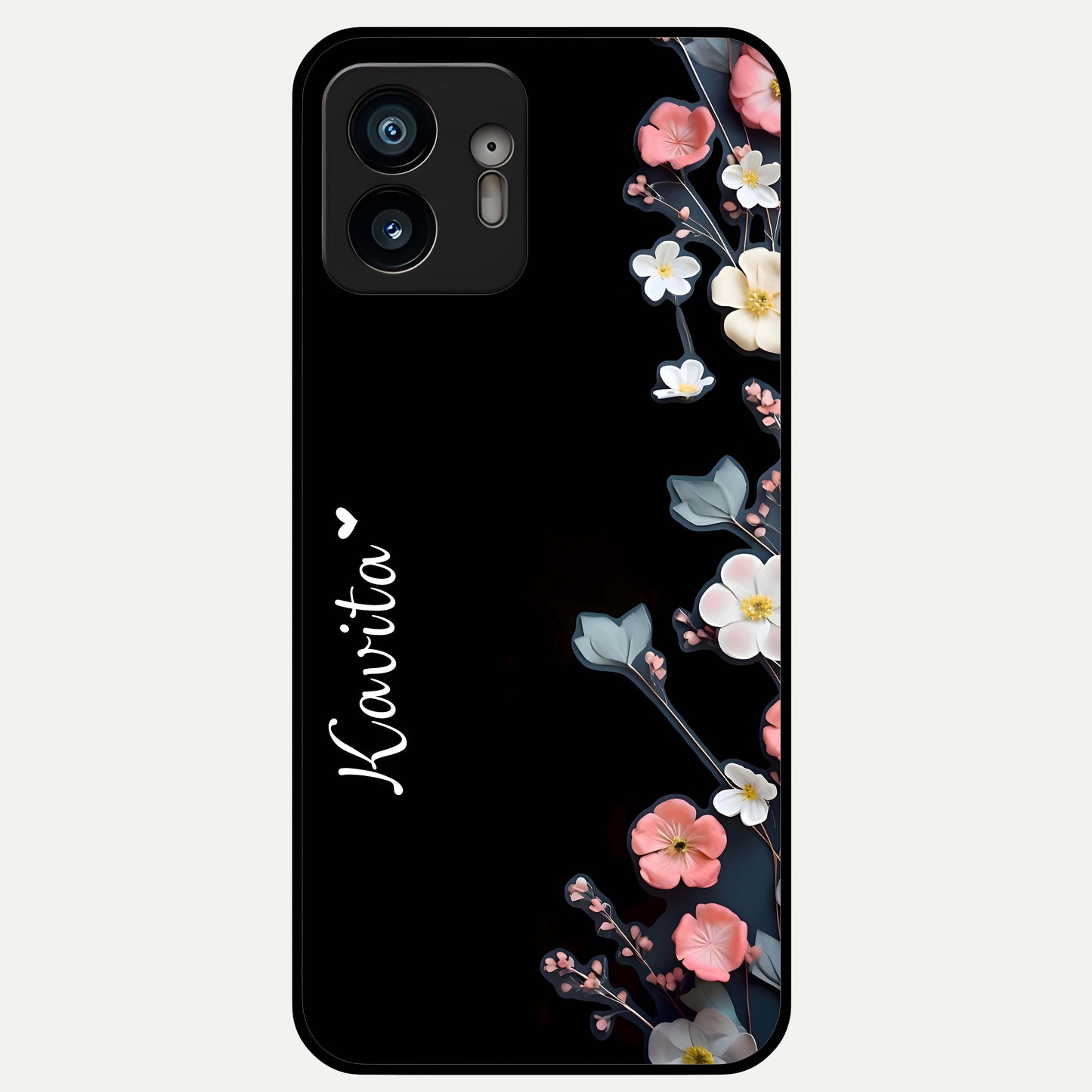  Black Elegance Floral Custom Name Glass Case For Nothing Phone 2 back cover – full design glossy printed glass finish