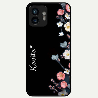  Black Elegance Floral Custom Name Glass Case For Nothing Phone 2 back cover – full design glossy printed glass finish
