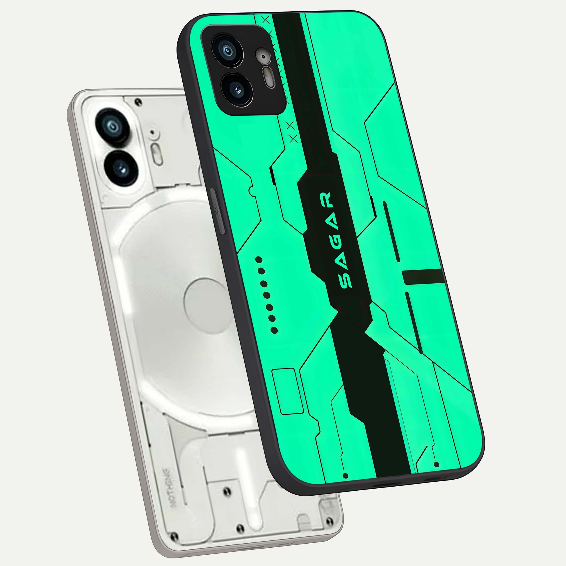  Aqua Tech CYBERPUNK Custom Name phone case For Nothing Phone 2 showing premium glass back cover with detailed artwork