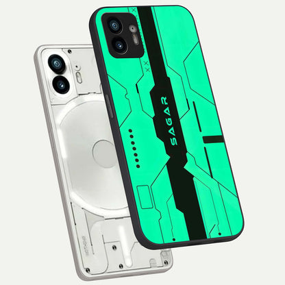  Aqua Tech CYBERPUNK Custom Name phone case For Nothing Phone 2 showing premium glass back cover with detailed artwork