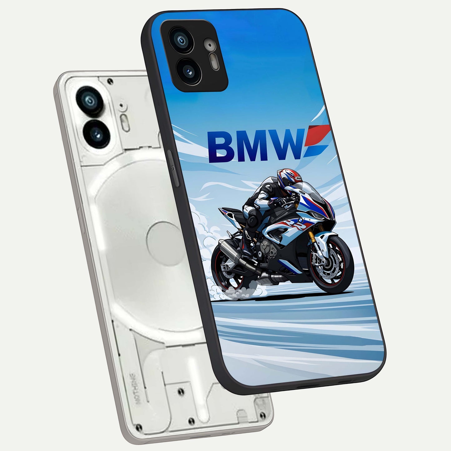  BMW Power Drift phone case For Nothing Phone 2 showing premium glass back cover with detailed artwork