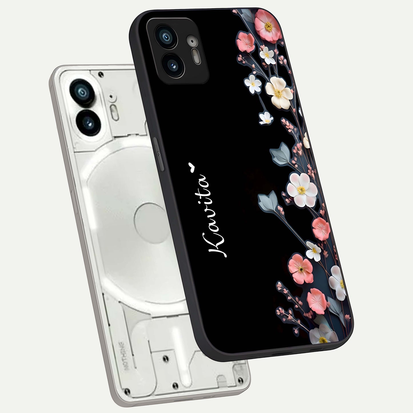  Black Elegance Floral Custom Name phone case For Nothing Phone 2 showing premium glass back cover with detailed artwork