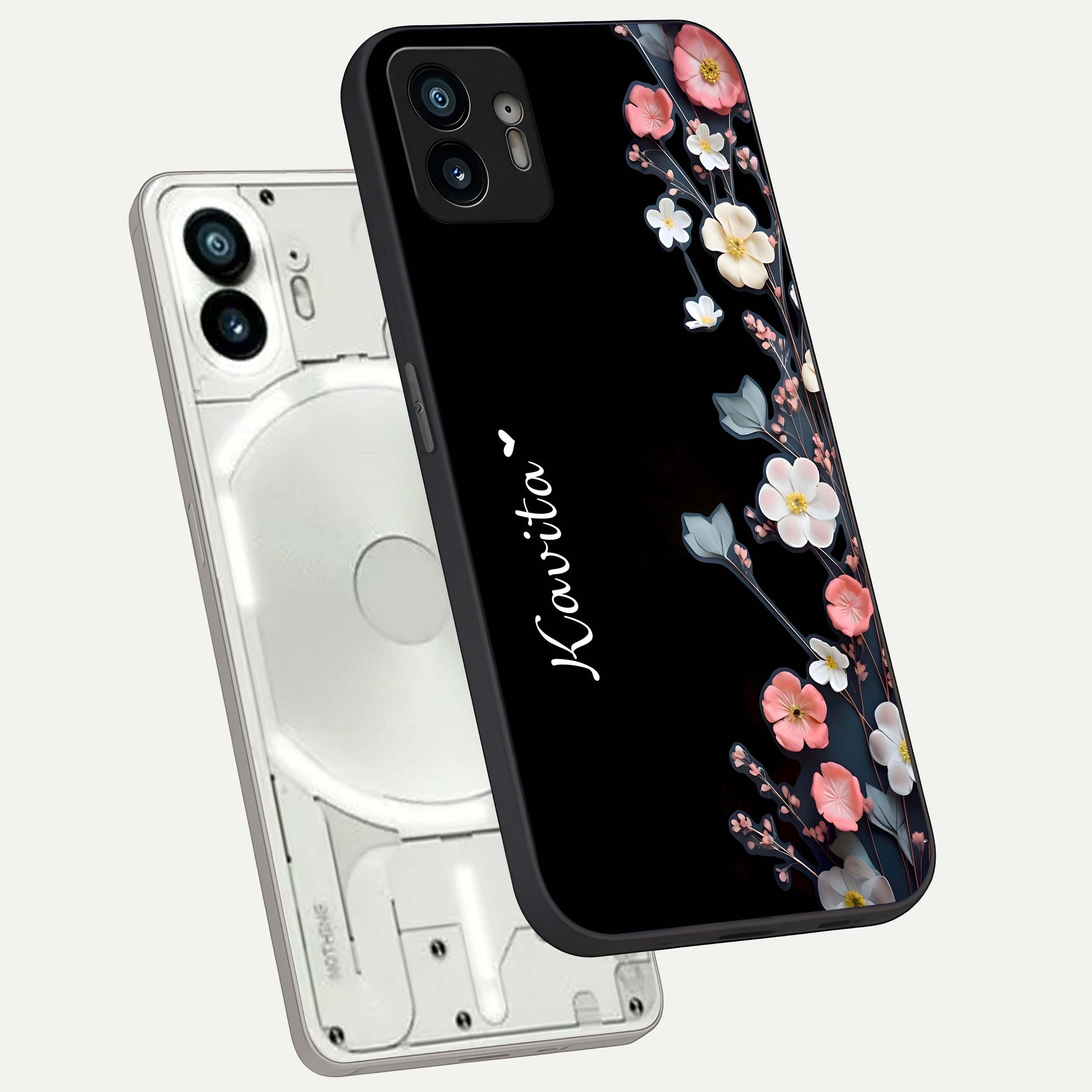  Black Elegance Floral Custom Name phone case For Nothing Phone 2 showing premium glass back cover with detailed artwork
