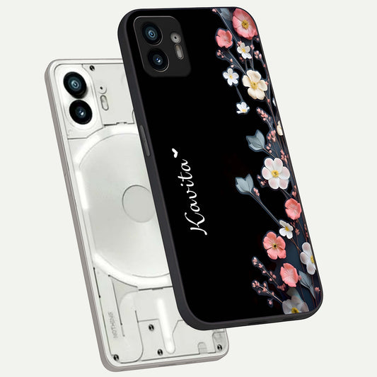  Black Elegance Floral Custom Name phone case For Nothing Phone 2 showing premium glass back cover with detailed artwork