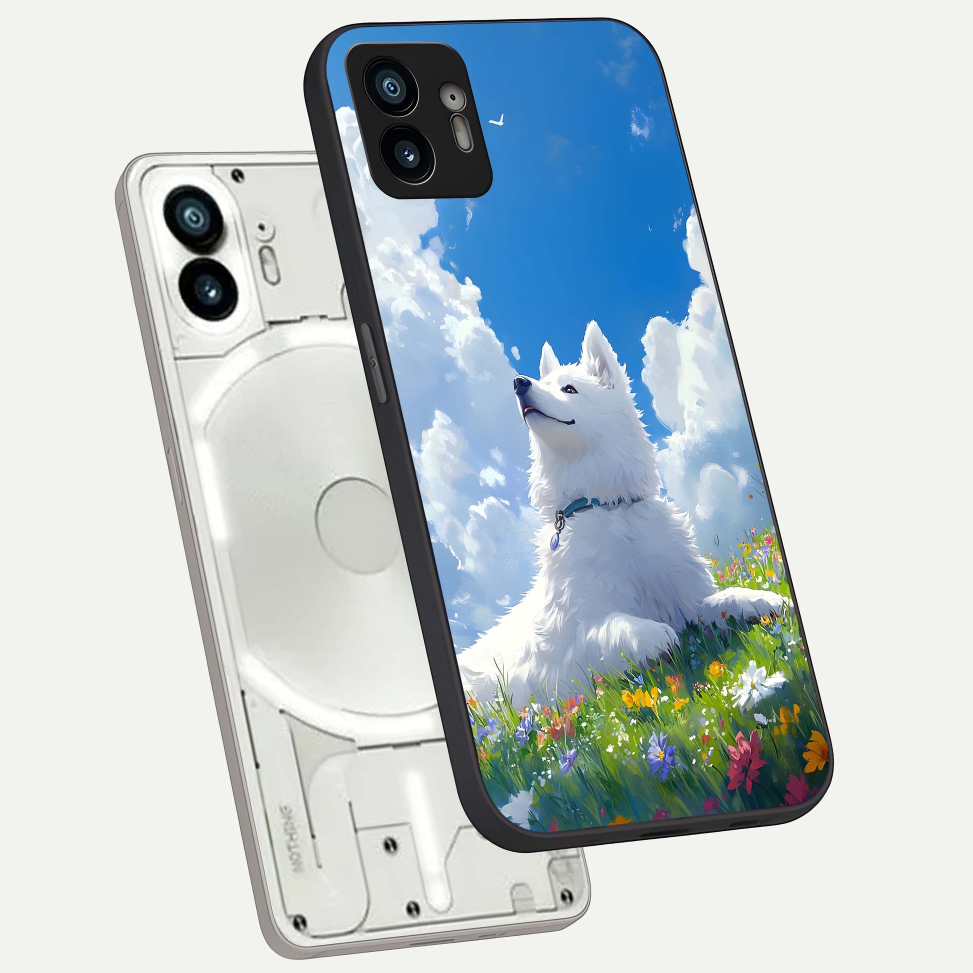  Blissful Cloud Pup phone case For Nothing Phone 2 showing premium glass back cover with detailed artwork