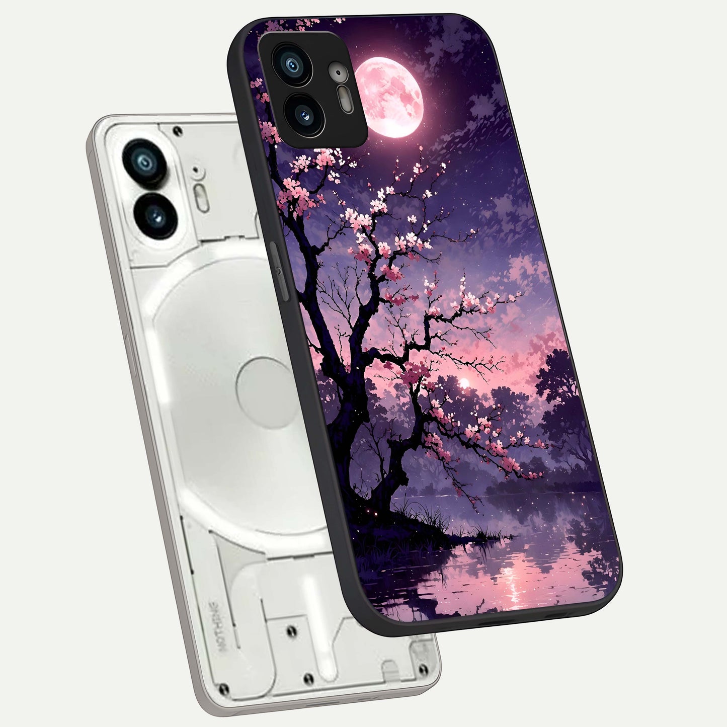  Blossom Pink Moon phone case For Nothing Phone 2 showing premium glass back cover with detailed artwork
