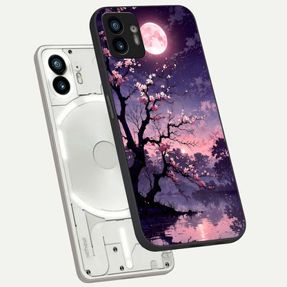  Blossom Pink Moon phone case For Nothing Phone 2 showing premium glass back cover with detailed artwork