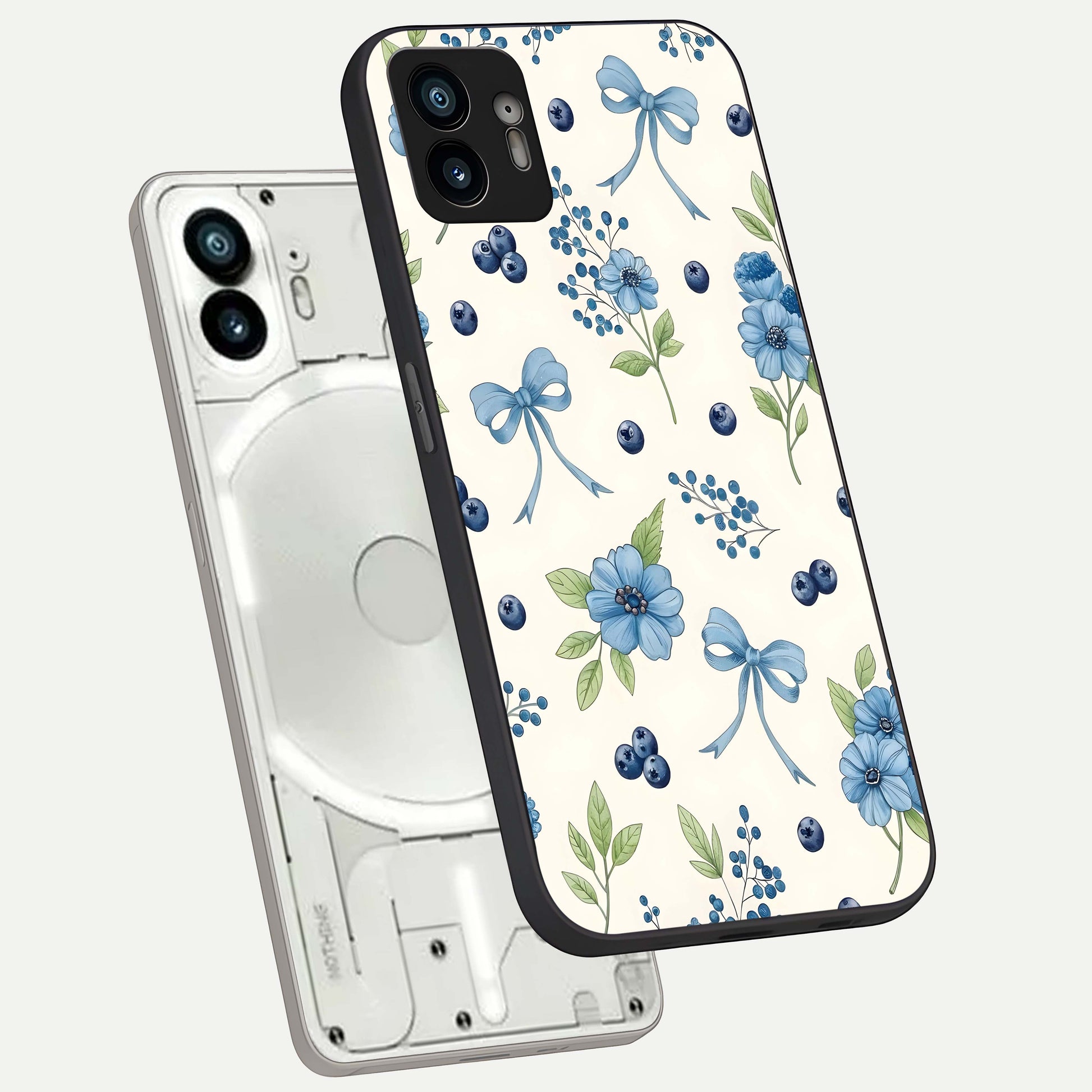  Blue Flower And Bow phone case For Nothing Phone 2 showing premium glass back cover with detailed artwork