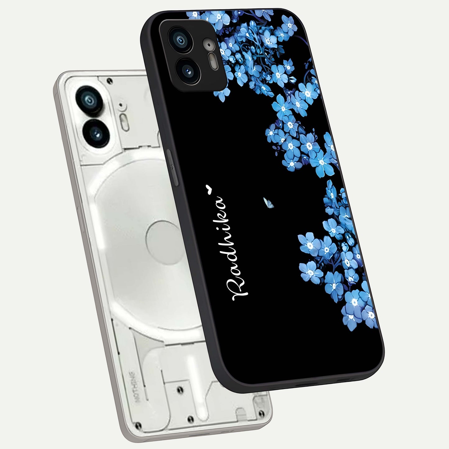  Blue Petal Dream Custom Name phone case For Nothing Phone 2 showing premium glass back cover with detailed artwork