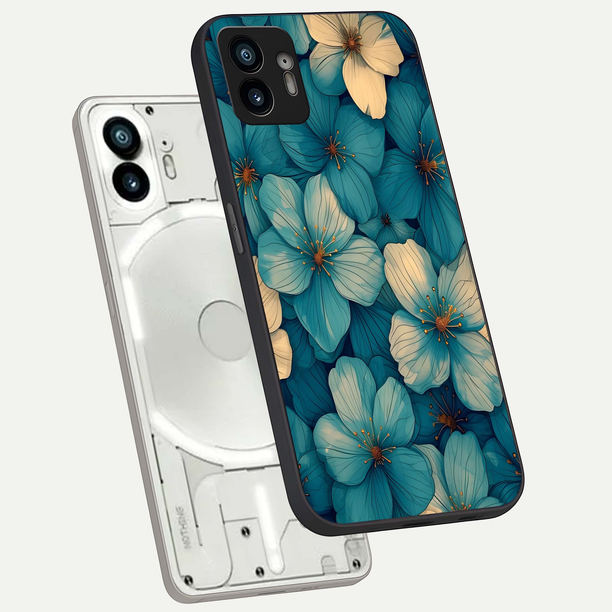  Blue Shade Floral phone case For Nothing Phone 2 showing premium glass back cover with detailed artwork