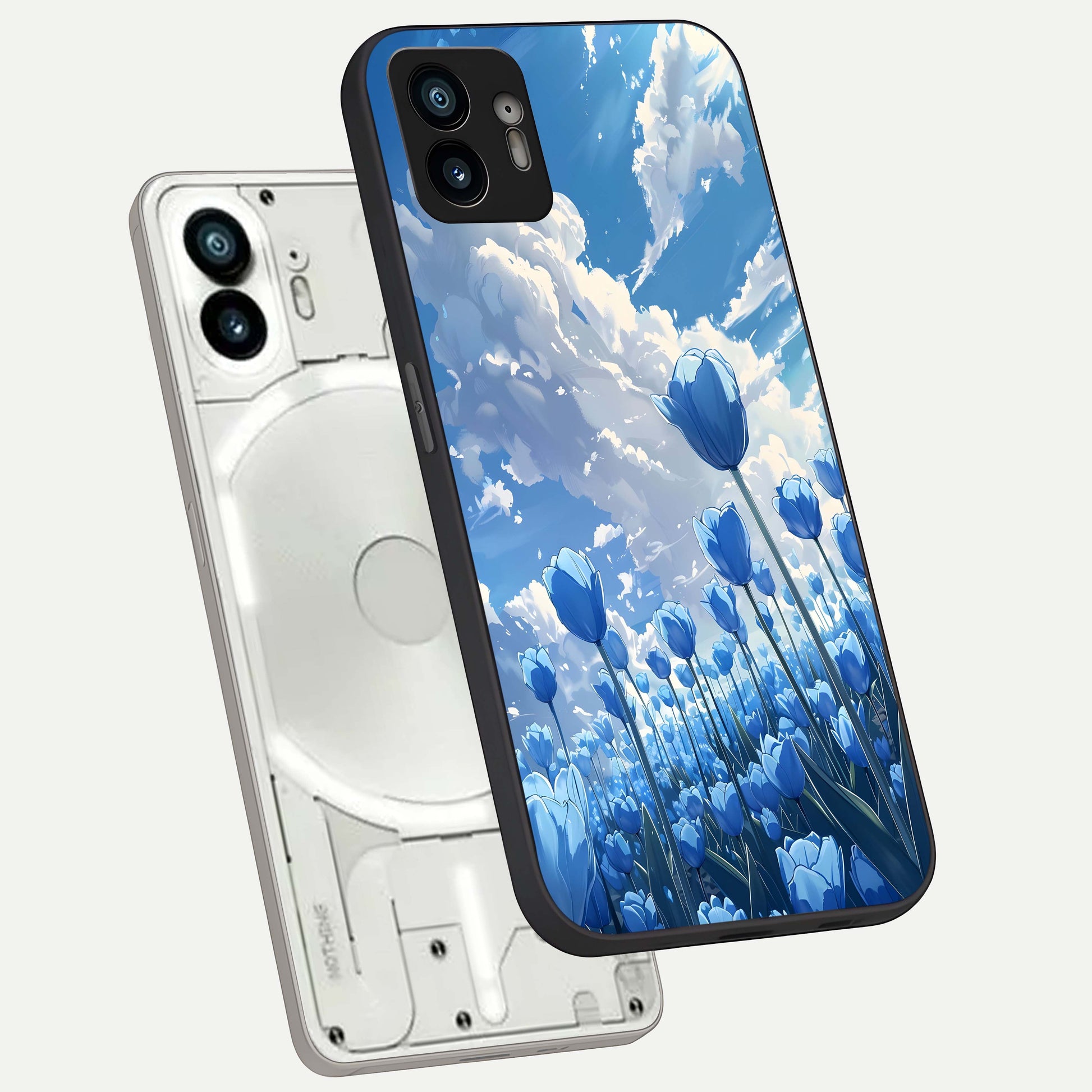  Blue Tulip Clouds phone case For Nothing Phone 2 showing premium glass back cover with detailed artwork