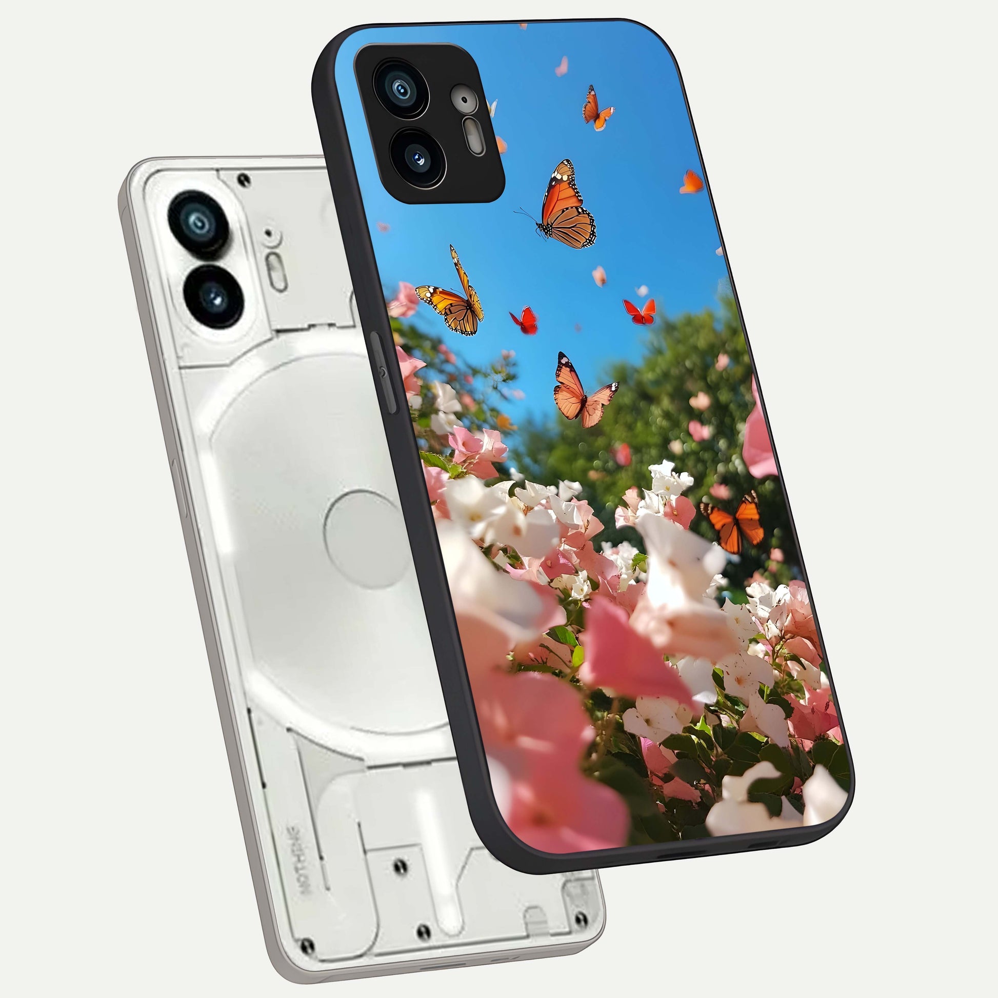  Butterflies In Bloom Sky phone case For Nothing Phone 2 showing premium glass back cover with detailed artwork